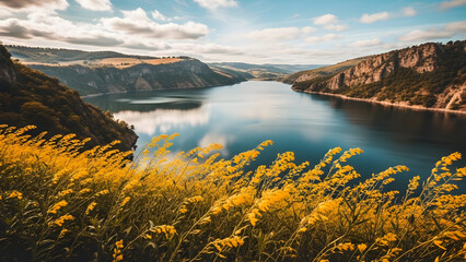 St david's day wales landscape with river and yellow flowers