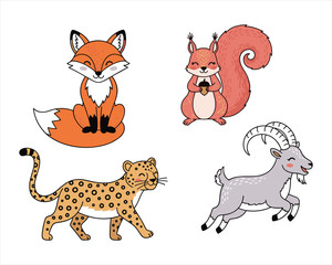 Obraz premium A cute collection of funny cartoon animals featuring a vector set of wild and farm pets including a lion, tiger, bear, dog, cat, and rabbit in a flat illustration design