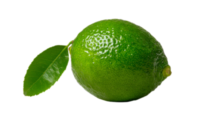 A vibrant, green citrus fruit with a single attached leaf against a black background
