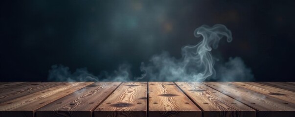 Empty rustic wooden table, ethereal smoke swirls above, dark backdrop, design, dark