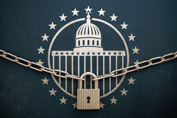 Government building surrounded by stars with chain and padlock symbolizes Venezuela crisis and US political tension, evoking sense of restriction