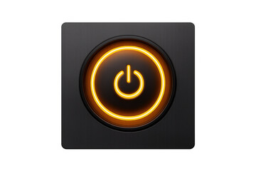 Orange neon power button glowing on a dark square switch, symbolizing on/off function, energy, activation, and digital technology