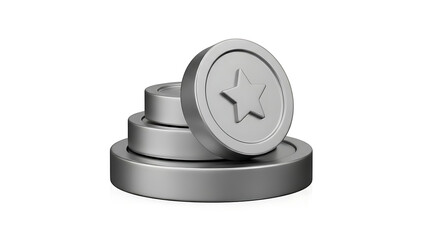 Stack of three shiny silver metallic coins with prominent star symbols, representing achievement, loyalty, and rewards in a stylized 3D rendered graphic design element