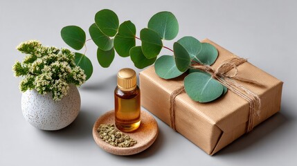Aromatic Gift Set: A beautifully arranged gift set features a small bottle of essential oil, accompanied by a small gift box and a branch of eucalyptus leaves.
