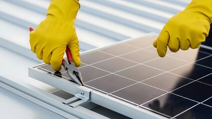 Hands in yellow gloves working on a solar panel with pliers
