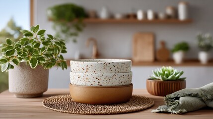 Serene Tabletop Display: A meticulously arranged still life showcases an artful stacking of ceramic bowls, set against a backdrop of natural elements that evoke a sense of peaceful simplicity.