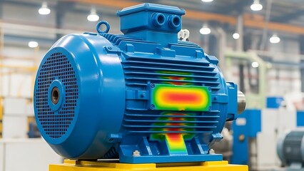 Blue electric motor with thermal imaging overlay in industrial setting