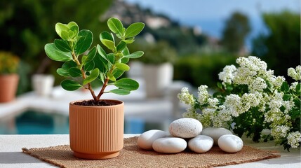 Serene Botanical Still Life: A vibrant green plant in a terracotta pot sits harmoniously alongside a cluster of smooth white stones and delicate white blossoms, evoking a sense of tranquility.