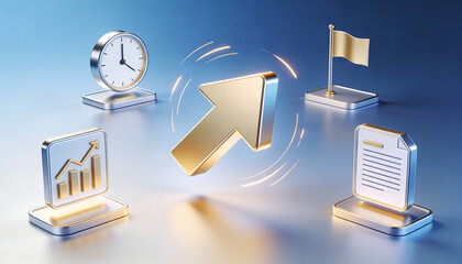 3D isometric illustration of golden rising arrow surrounded by business icons for growth analytics time management and document organization on a clean professional background