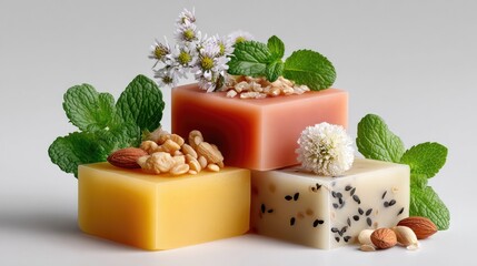 Artisanal Soap Collection: A visually appealing display of handcrafted soaps, each a unique blend of natural ingredients, garnished with fresh herbs, nuts, and delicate blooms.