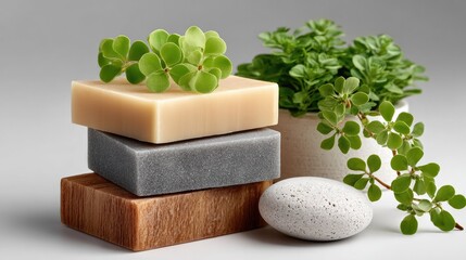 Soap and Serenity: A harmonious still life featuring textured artisanal soap bars paired with a smooth stone and lush, green plants, symbolizing purity, and natural well-being.
