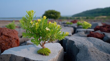 Resilience in Stone: A small, vibrant plant thrives amidst the stark, weathered stones, symbolizing strength and the enduring power of nature. 