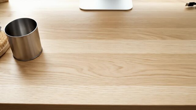 Minimalist workspace featuring a clean wooden desk with metal container