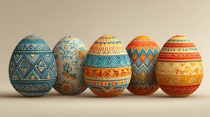 Close-up of five vibrantly decorated eggs with complex patterns against a neutral background