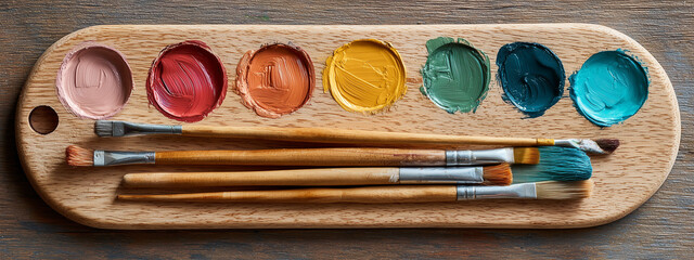 Wooden paint palette with brushes and colors