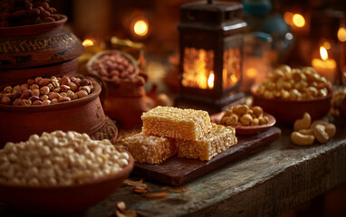 Traditional Lohri festival sweets on rustic wooden table with burning clay diya lamps, peanuts and sesame gajak, warm golden bokeh lights and joyful Punjabi harvest celebration mood