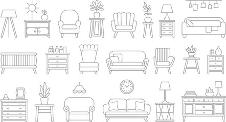  features a collection of minimalist line art illustrations depicting various pieces of home furniture
