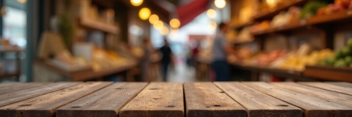 Empty wooden table, out-of-focus market scene, setting, still life