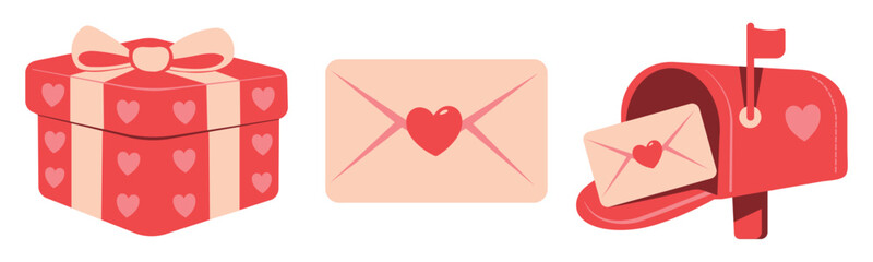 Valentine's Day vector icons set. Love letter, mail box and heart. Set featuring red heart-patterned gift box, pale pink love letter sealed with heart, red mailbox receiving envelope. Vector