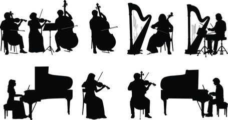 Classical music musicians silhouettes set with violin, cello, harp and piano players, black orchestra vector illustration for concert, performance and music design use © Julfikar