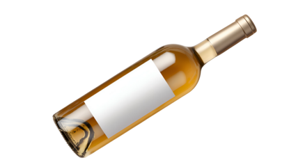 Angled clear glass wine bottle with a blank label and golden top against black