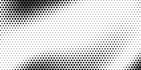 Hexagon halftone gradient texture. Abstract black grunge background. Geometric retro halftone tech overlay. Fading wavy hexagonal pattern backdrop. Vector vanishing honeycomb grunge bitmap wallpaper