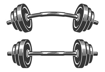 Bent and straight classic metal dumbbells with weight plates in detailed black and white vintage vector illustration.