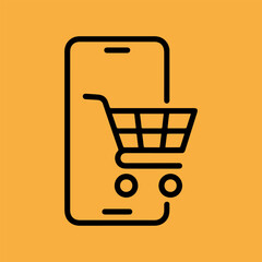 Minimalist Black Line Art Icon of a Shopping Cart Integrated with a Smartphone Screen on an Orange Background
