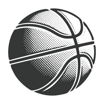 Detailed black and white vector illustration of a classic textured basketball with traditional design.