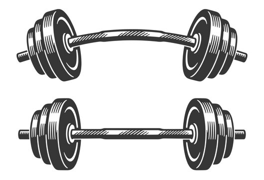Bent and straight classic metal dumbbells with weight plates in detailed black and white vintage vector illustration.