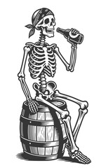 Vintage black and white vector illustration of a pirate skeleton with bandana sitting on barrel and drinking from bottle.