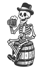 Vintage black and white vector illustration of a cheerful skeleton in hat sitting on barrel holding beer mug.
