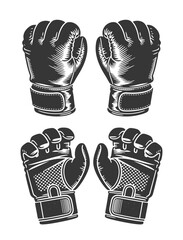 Vintage black and white vector illustration of boxing gloves and MMA or weightlifting gloves on white background.