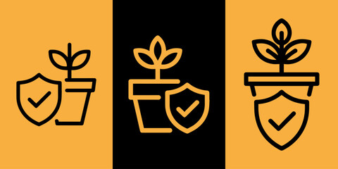 Three line art icons featuring a potted plant with a shield and check mark, representing growth and security, on orange and black backgrounds.