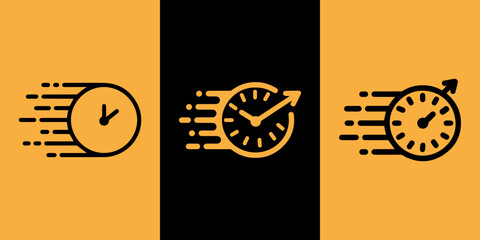 Three stylized clock icons depicting speed and the passage of time against contrasting orange and black backgrounds.