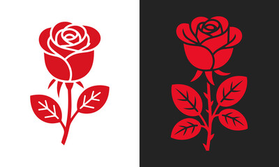 Two stylized red roses, one on a white background and the other on a dark gray background, presented side by side.