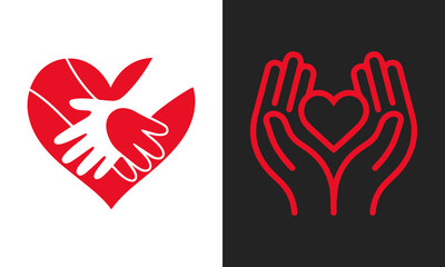 Two distinct abstract graphic representations of hands forming a heart shape, symbolizing love, care, and support, presented side-by-side.