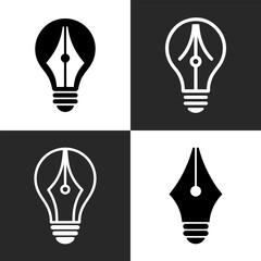 Four stylized icons combining a fountain pen nib and a light bulb silhouette, representing creativity and ideas.