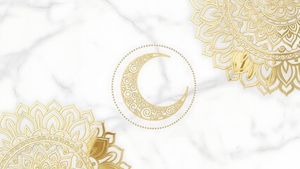 Elegant gold mandala and crescent moon design on a white marble background for decoration