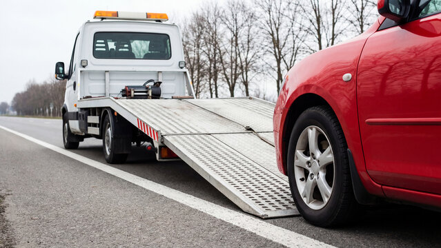 Tow Truck Loading a Damaged Red Car on the Roadside &ndash; Concept for Roadside Assistance, Vehicle Recovery Services, and Auto Insurance Support
