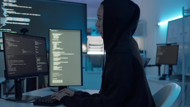Hacker wearing hoodie coding on multiple monitors in dark room modern office during night shift, concept of cyber security, computer hacking, data breach, digital theft, network security.