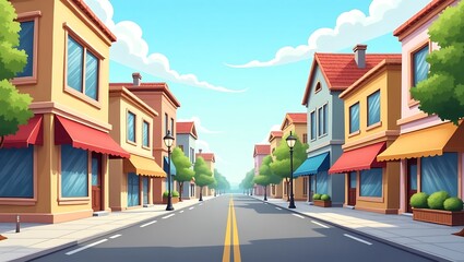 Sunny Streetscape with Cartoon Shops and Trees