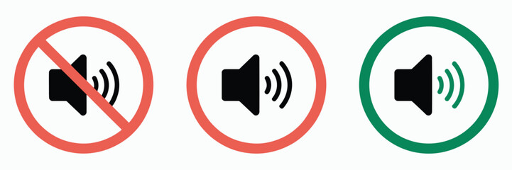 No speaker sound or keep silence red circle sign and green allowed vector icons, featuring mute and unmute volume button symbols, volume allow and prohibit signs