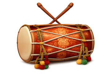Indian dhol drum with sticks, featuring traditional design and colorful tassels, perfect for cultural music and celebration concepts