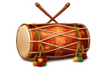 Indian dhol drum with sticks, featuring traditional design and colorful tassels, perfect for cultural music and celebration concepts