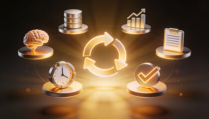 continuous improvement and business process optimization concept with 3d icons representing data storage brain intelligence time management growth analytics and quality control
