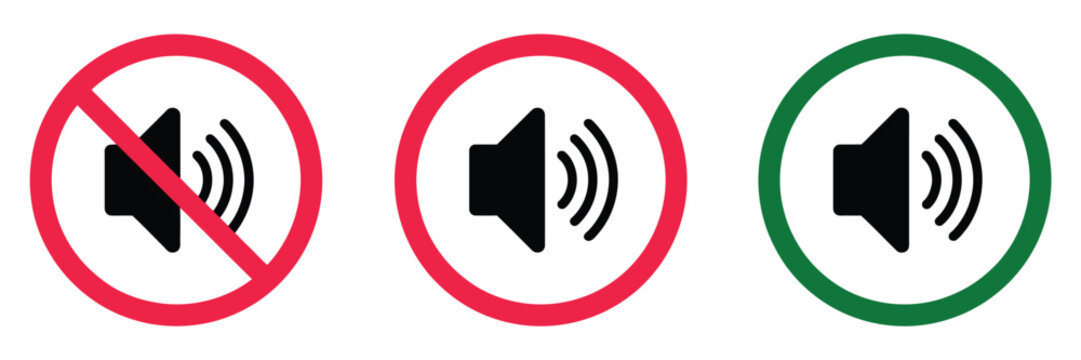 No speaker sound or keep silence icons in red and green, including mute, unmute, volume allow, and prohibit signs, ideal for sound control interfaces, multimedia apps, digital dashboards