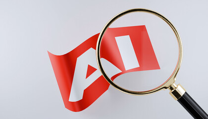 3d magnifying glass hovering over a flag with text saying ai, grey background