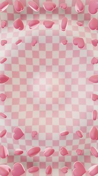 Vertical 3D abstract Valentine love loop animation romantic hearts pink pastel frame border background copyspace checkered fabric pattern argyle floating cute sweet couple relationship tenderness