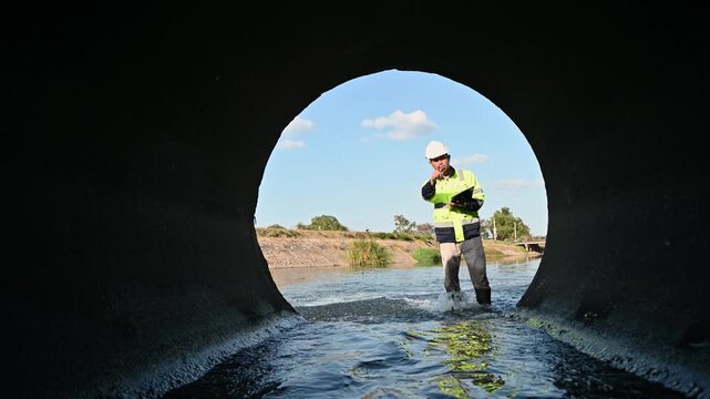 Engineer Conducting Safety Inspection at Drainage Pipe and Water Channel